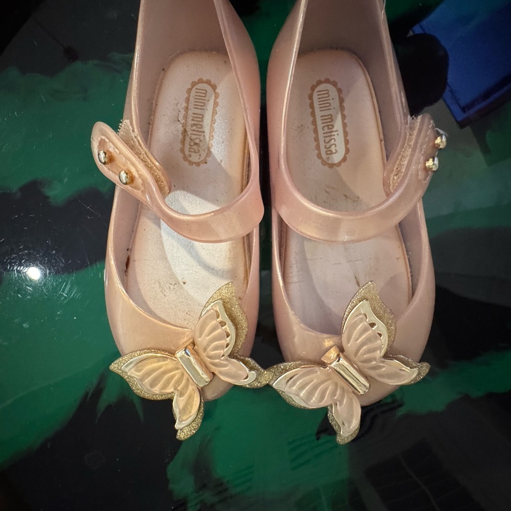 Mini Melissa toddler Peach and Gold Butterfly Dress Shoes size 7